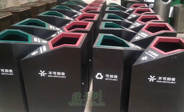 苏州天虹商场钢板喷塑分类垃圾桶厂家生产图