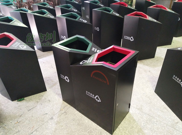 苏州天虹商场钢板喷塑分类垃圾桶厂家生产图